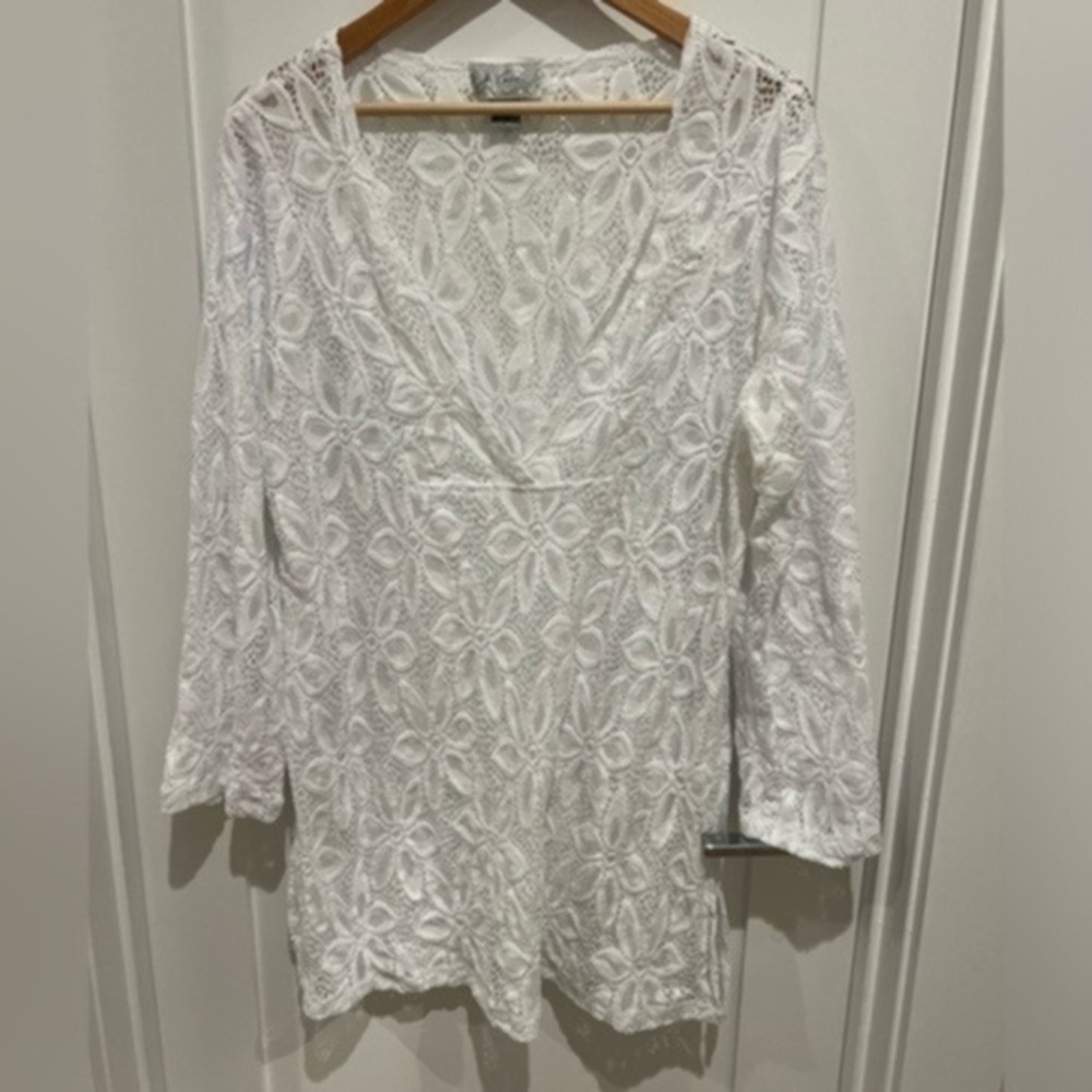 J Valdi Women's White Floral Lace V-Neck Tunic Swim Cover Up 1X K